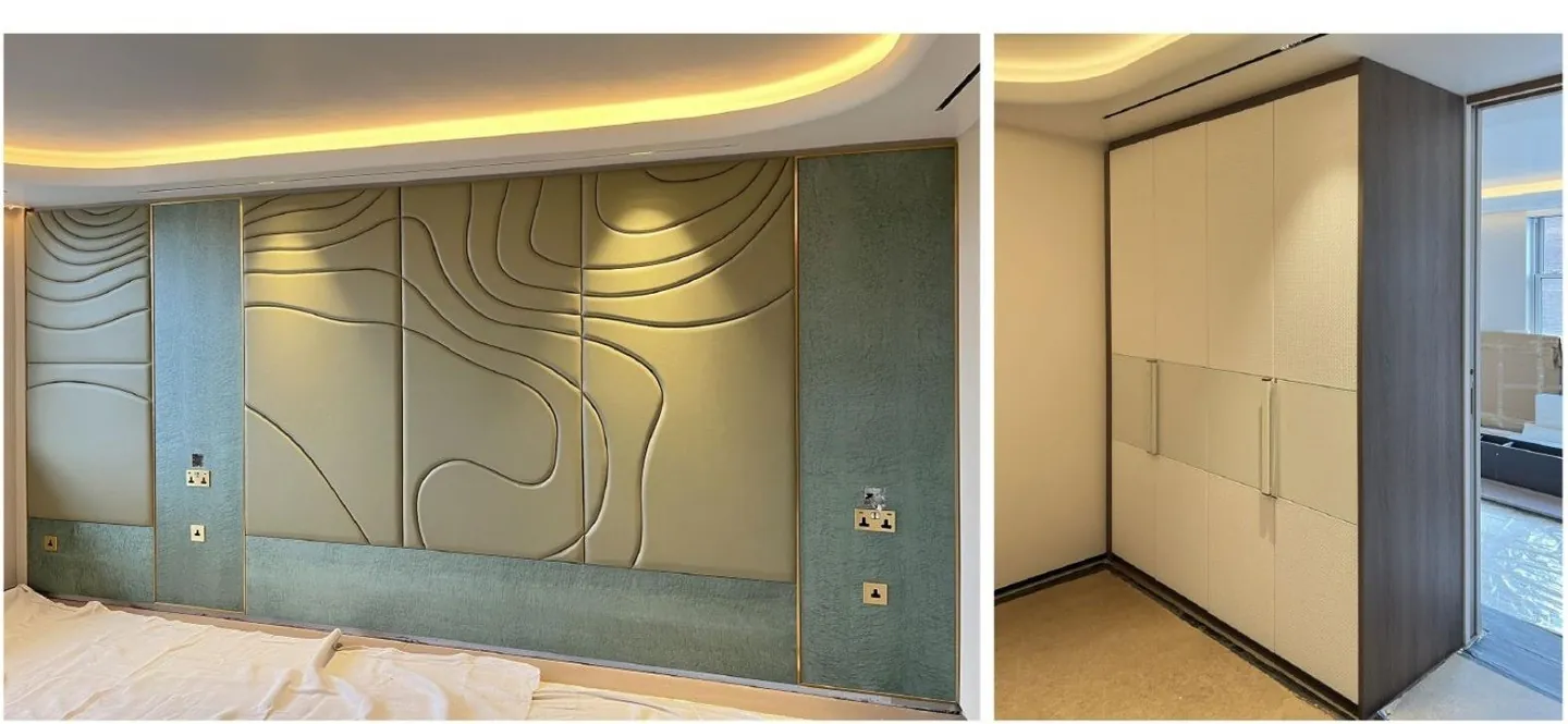 Completed feature-wall joinery and adjacent storage in a separate anonymized residence.
